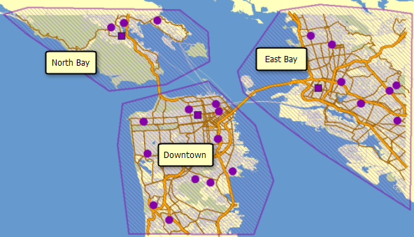 The three route zones in the map display