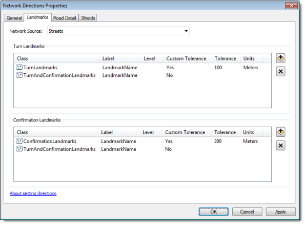 Network Directions Properties, Landmarks tab