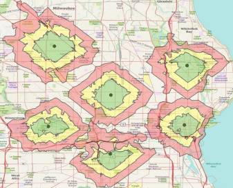 Two-, 3- and 4-minute service-area polygons