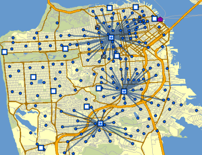 Lines connect solution facilities and demand points