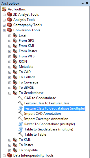 Open the Feature Class to Geodatabase (multiple) tool from ArcToolbox