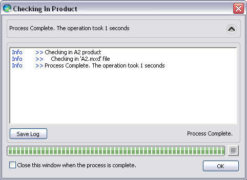 Checking In Product dialog box with progress information