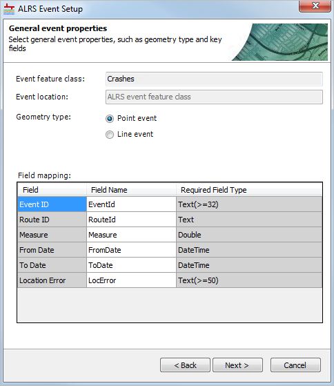 Geometry type and field mapping properties