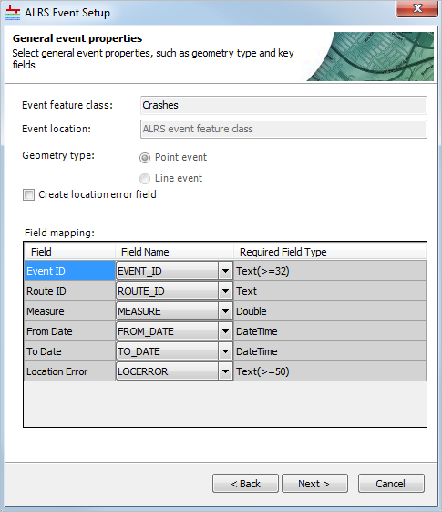 Geometry type and field mapping properties