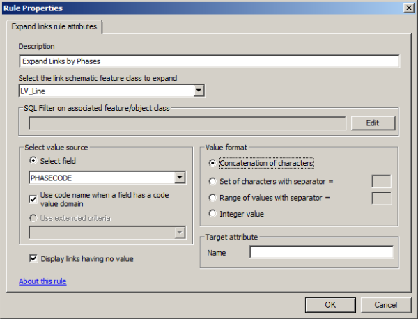 Expand Links rule properties page specified to expand the LV_Line schematic links according to the PhaseCode field values