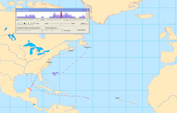 Playing back hurricane data on the map