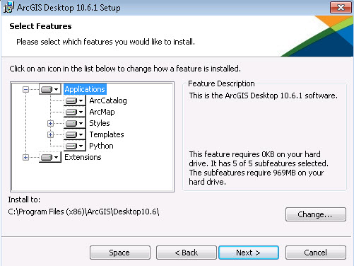 Select features to be installed with ArcGIS Desktop.