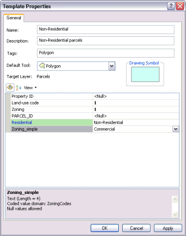 Setting the properties of a feature template, including the name, default tool, and default attribute values that should be assigned to the new features