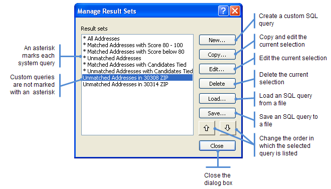 Description of the Manage Result Sets dialog box