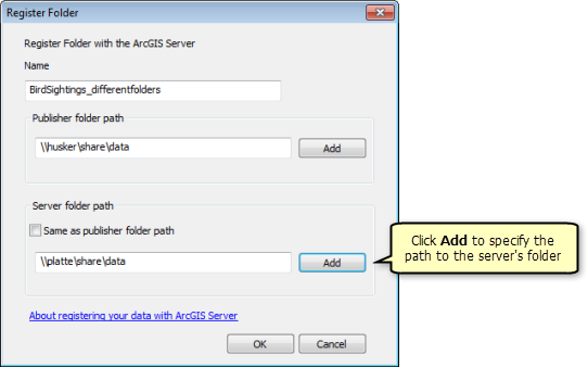 In the Register Folder window, click Add to specify the path to the server's folder