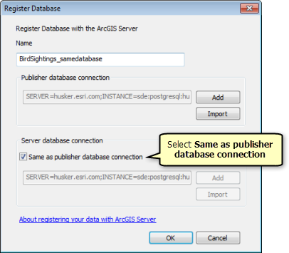 In the Register Database window, click Same as publisher database connection