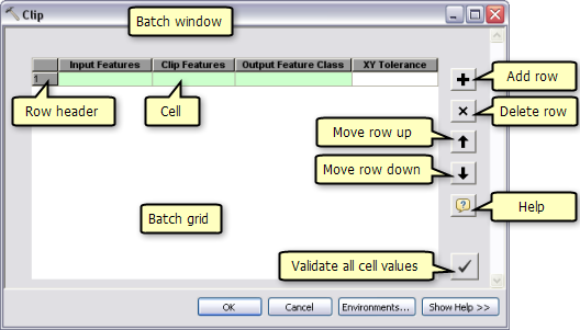 Clip tool's batch dialog box and batch grid