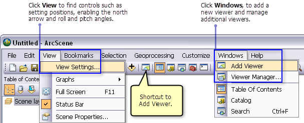 Accessing additional viewers and settings in ArcScene