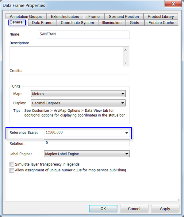 Data Frame Properties window