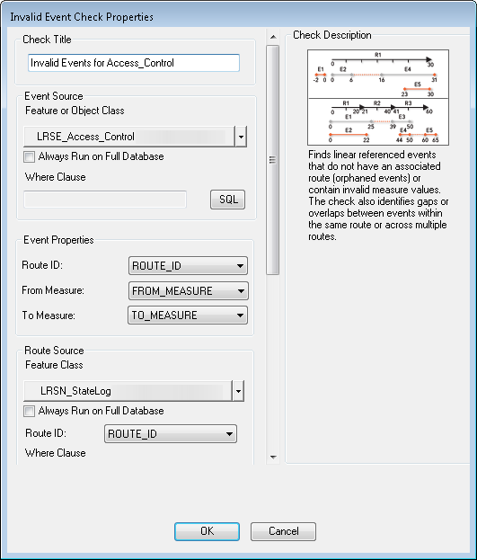 Invalid Event Check Properties dialog box