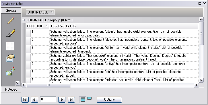 Example of a Reviewer table with results from the Metadata check