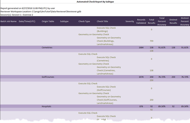 Example of the automated check report by subtype