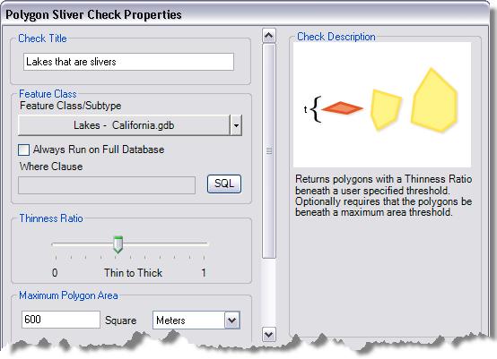 Polygon Sliver Check Properties dialog box