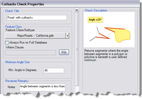 Cutbacks Check Properties dialog box