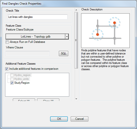 Find Dangles Check Properties dialog box