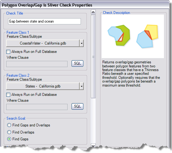 Polygon Overlap/Gap is Sliver Check Properties dialog box