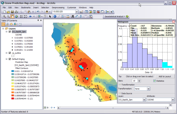 Histogram and map showing selected points