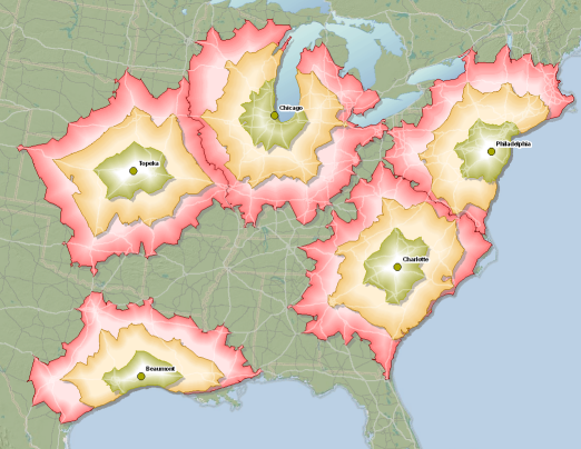 Two-, four-, and six-hour service areas around five cities