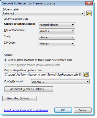 The Geocode Addresses: SanFranciscoLocator dialog box for hospital