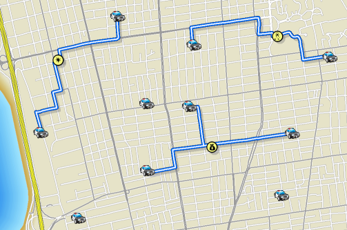 A map of a closest facility analysis