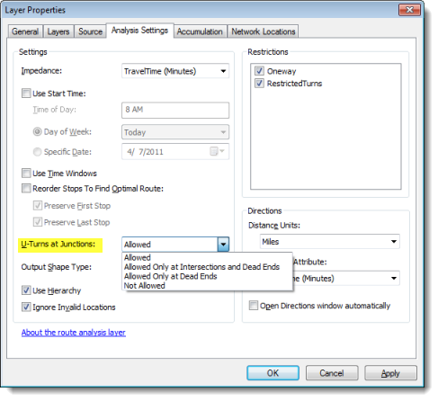U-Turns at Junctions property on network analysis layers