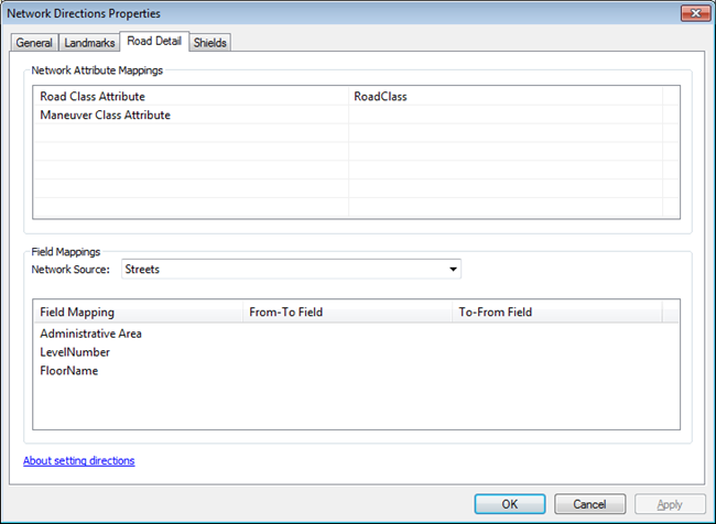 Network Directions Properties, Road Detail tab