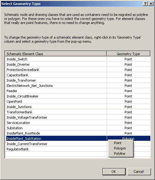 Select Geometry Type dialog box with pop-up menu from the Geometry Type column