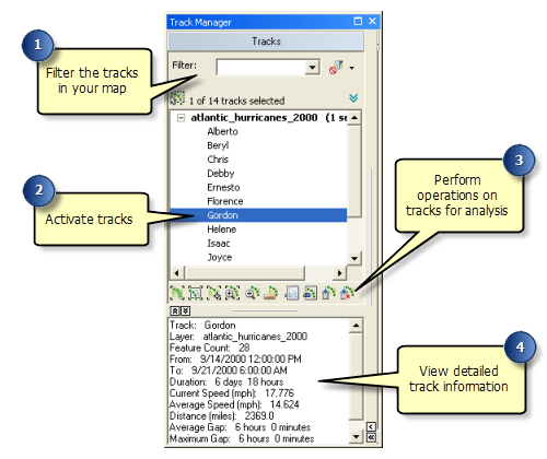 Track Manager allows you to view and interact with the tracks and tracking features in your map