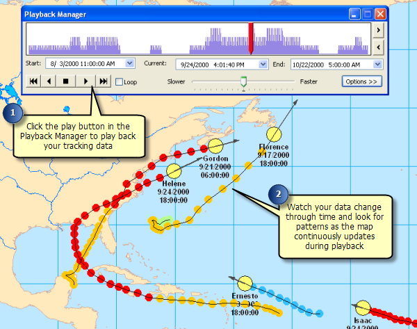 The Playback Manager allows you to play back your tracking data to view how it changes over time, allowing you to identify patterns of interest in your data