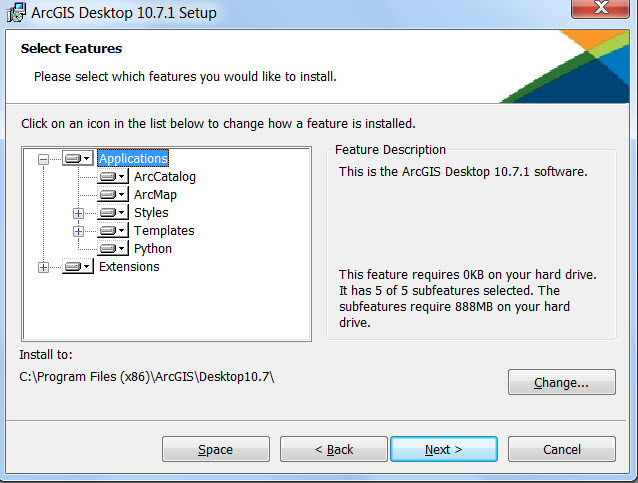 Select features to be installed with ArcGIS Desktop.