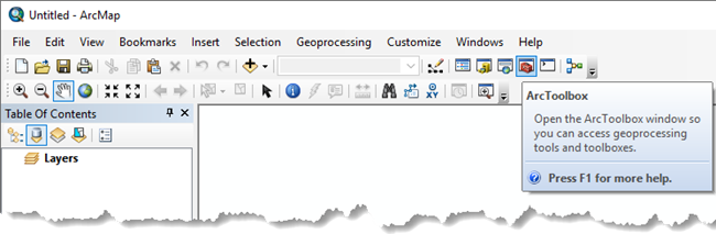 The ArcToolbox button on the Standard toolbar with the ToolTip displayed