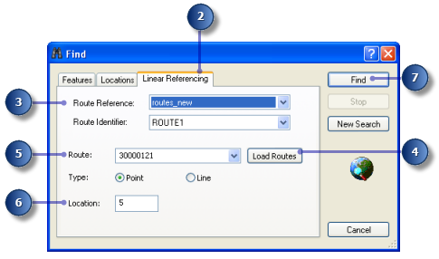 Linear referencing Find dialog box.