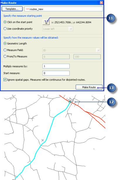 Show the Make Route Dialog and specifying the Start Point