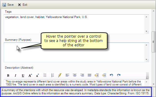 Hover the pointer over a control to see help for that metadata element