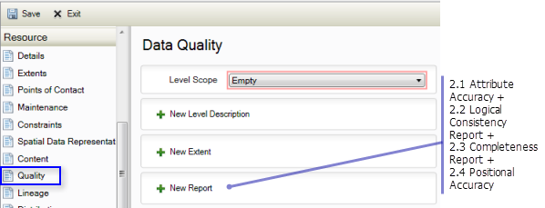 Resource Quality page: Attribute Accuracy, Logical Consistency Report, Completeness Report, and Positional Accuracy