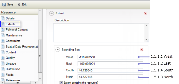 Resource Extents page: West, East, North, and South Bounding Coordinates