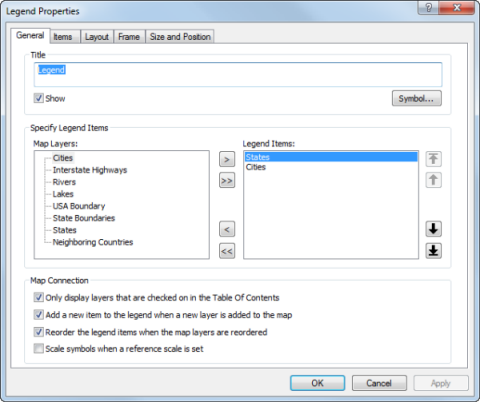 Legend Properties dialog box General tab