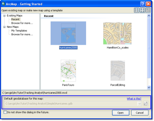 Setting the default geodatabase on the Getting Started dialog box