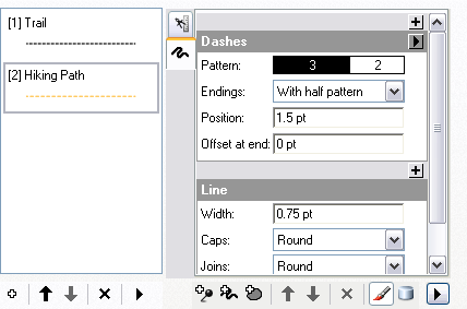 On the Symbology tab, click the rule, Hiking Path, notice that the rule is composed of a single stroke symbol layer with one geometric effect, Dashes.