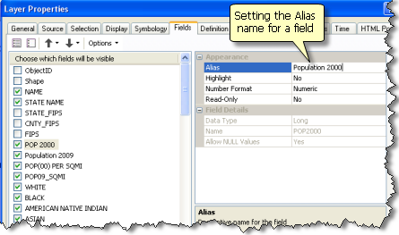 Setting the Alias for a field named Pop 2000