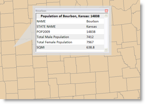 Pop-up window showing feature attribute fields