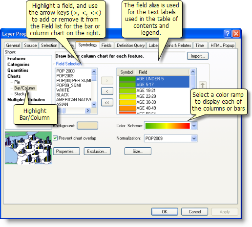 Menu for setting the properties of bar/column chart maps