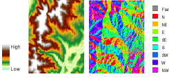 An input elevation grid and the output aspect grid