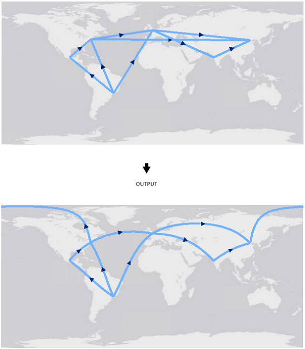 The input line segments are replaced with geodesic segments and written to the output.