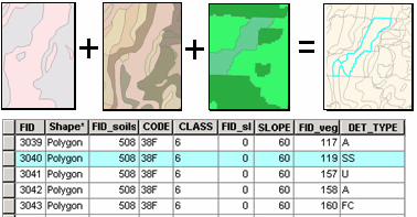 Overlay of polygon datasets to create new polygons with many attributes